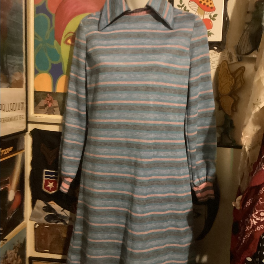 Vintage 1960s Gay Gibson Striped Blue and Pink Long Sleeve Dress